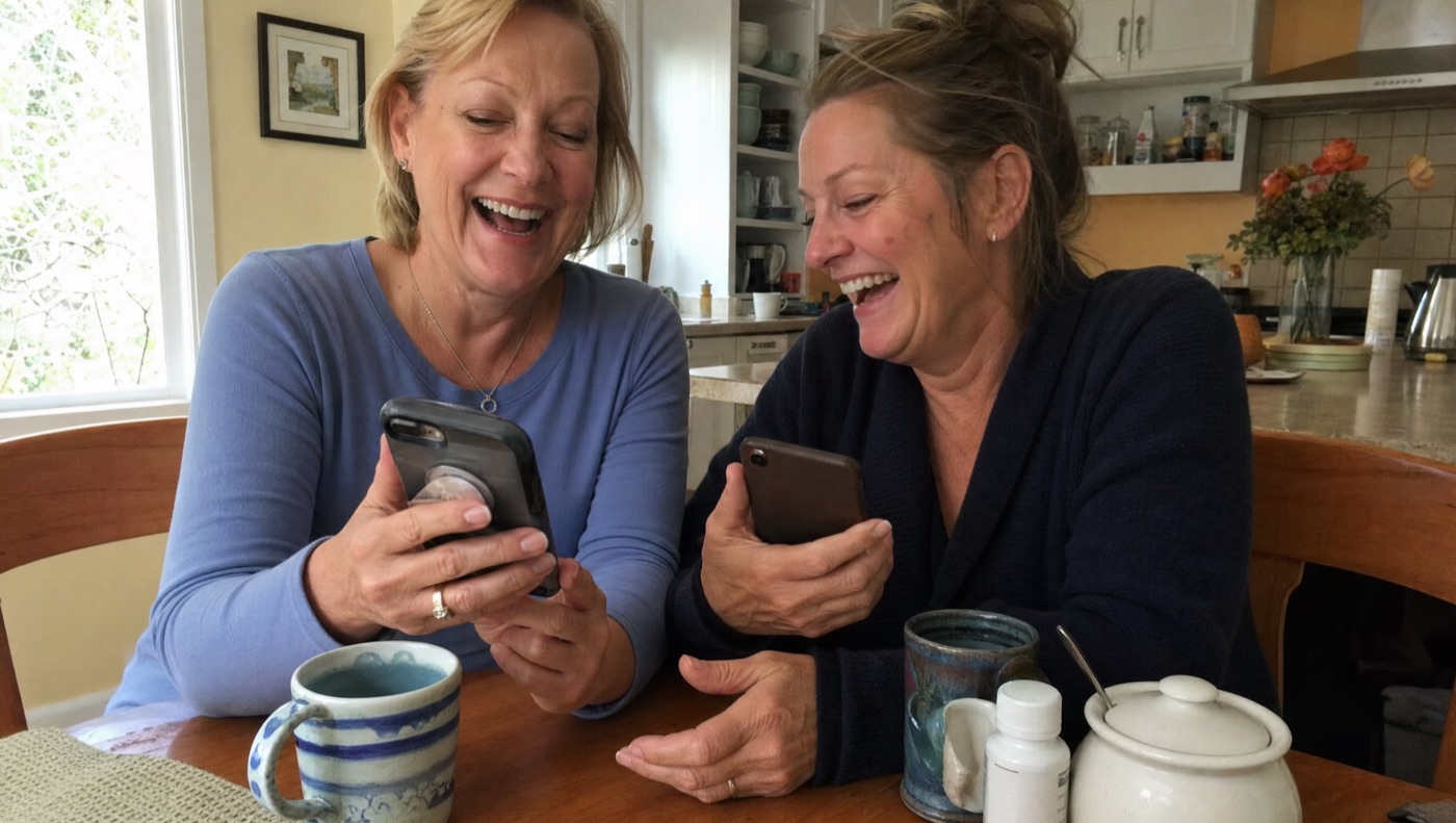 Linda and Rachel comparing their Sunday numbers at the kitchen table